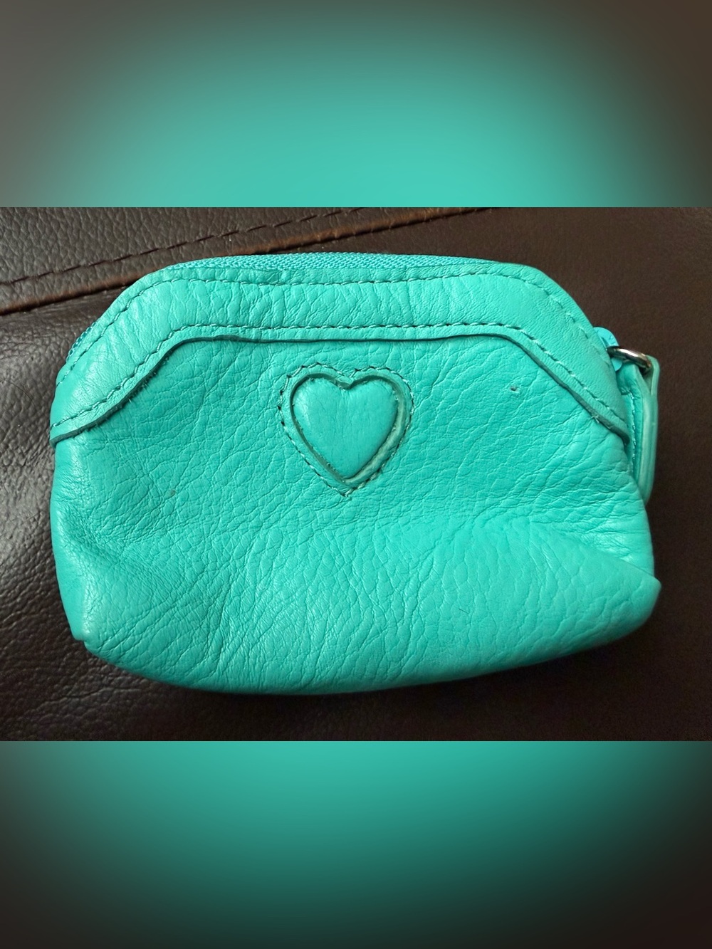 Brighton Teal Pebbled Leather Heart Accent Women’s Mini Zippered Pouch Vintage